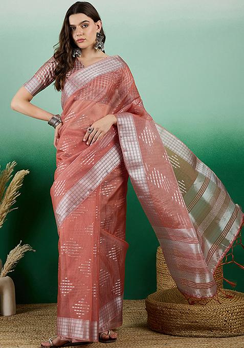 Orange Woven Sequin Work Khadi Organza Saree Set