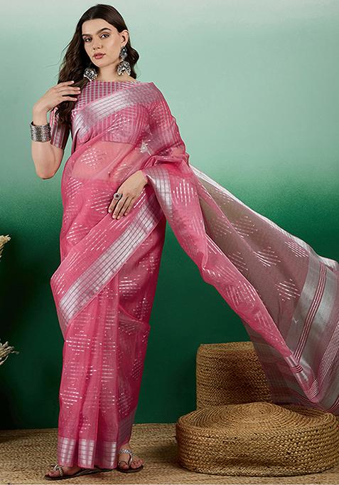 Pink Zari Woven Sequin Work Khadi Organza Saree Set