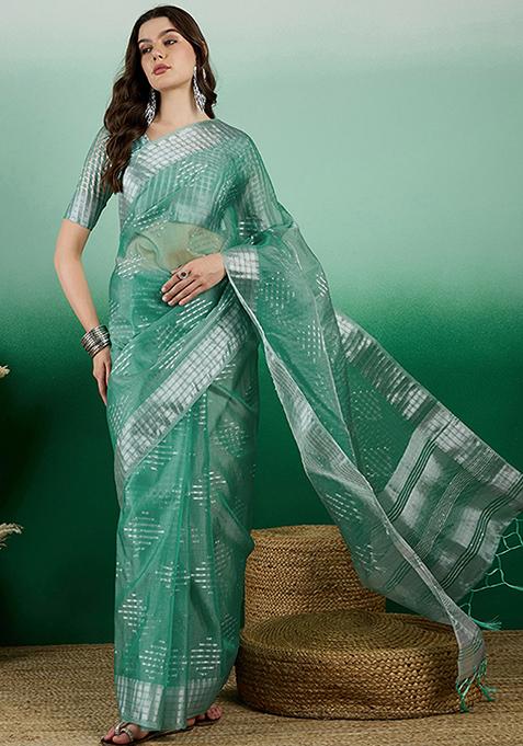 Sea Green Zari Woven Sequin Work Khadi Organza Saree Set