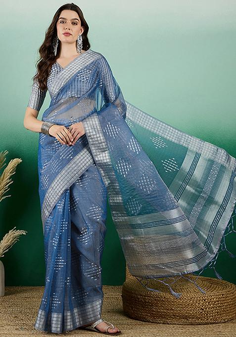 Teal Blue Woven Sequin Work Khadi Organza Saree Set