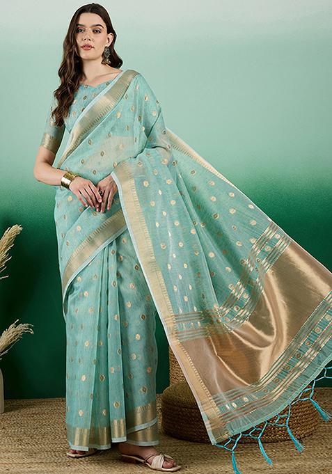 Blue Woven Sequin Work Khadi Organza Saree Set