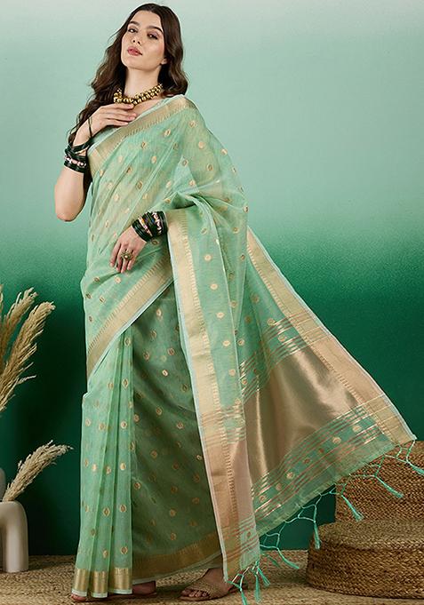 Green Zari Woven Sequin Work Khadi Organza Saree Set