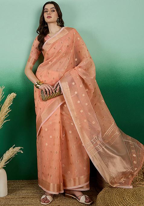 Orange Zari Woven Sequin Work Khadi Organza Saree Set