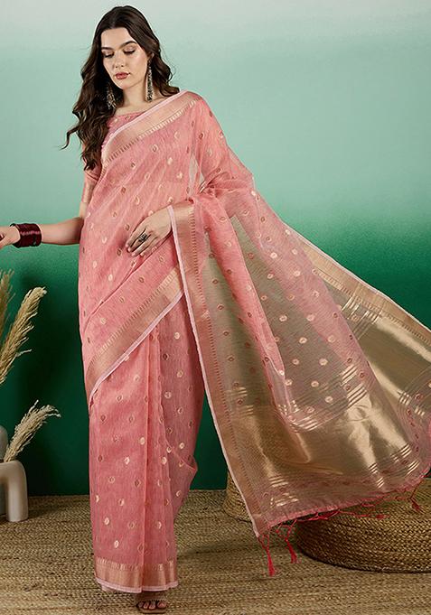 Peach Zari Woven Sequin Work Khadi Organza Saree Set