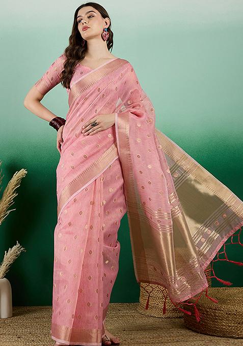 Pink Zari Woven Sequin Work Khadi Organza Saree Set