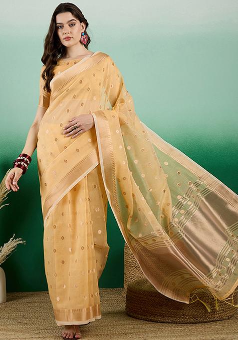 Yellow Zari Woven Sequin Work Khadi Organza Saree Set