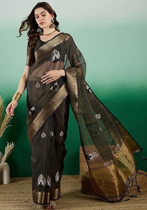 Blue Woven Sequin Embroidered Khadi Organza Saree Set