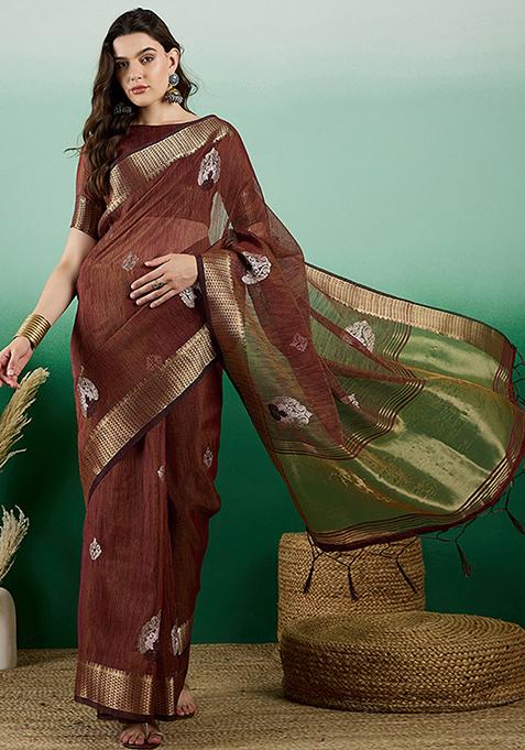 Brown Woven Sequin Embroidered Khadi Organza Saree Set