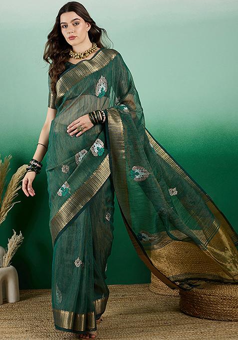 Green Woven Sequin Embroidered Khadi Organza Saree Set