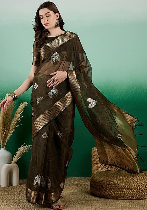 Mehendi Woven Sequin Embroidered Khadi Organza Saree Set