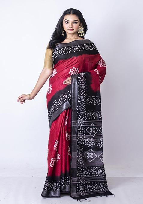 Multicolour Batik Embroidered Silk Blend Saree Set