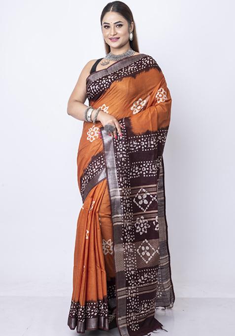 Multicolour Batik Design Silk Blend Saree Set