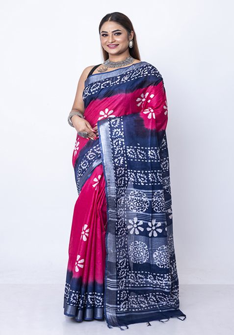 Multicolour Batik Silk Blend Saree Set