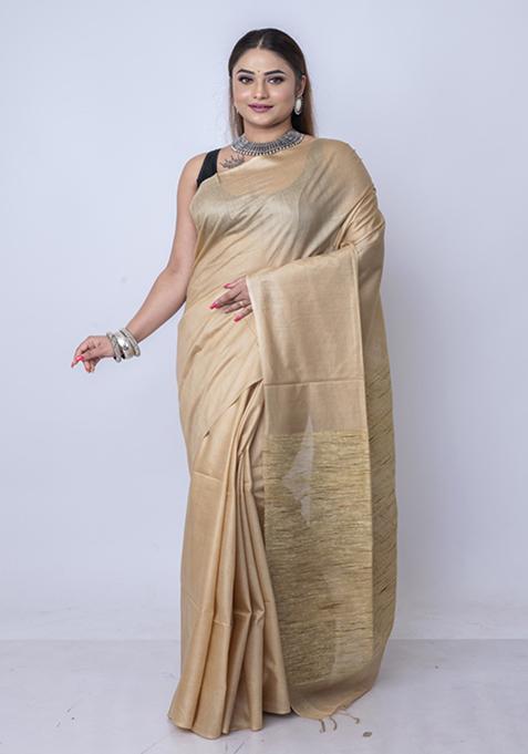 Beige Solid Silk Blend Saree Set