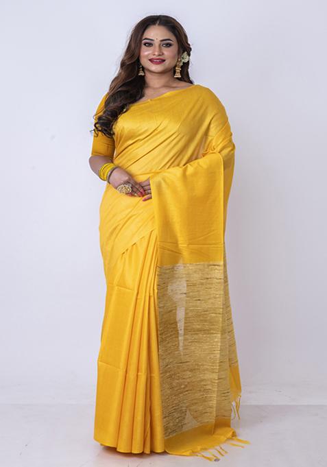 Yellow Solid Silk Blend Saree Set