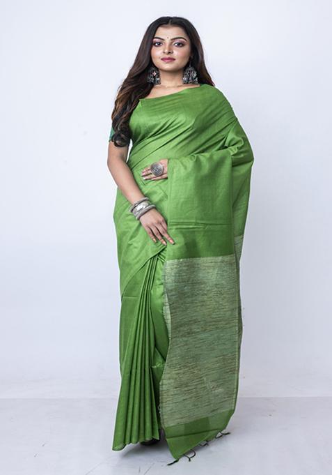 Green Solid Silk Blend Saree Set