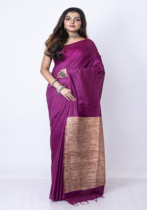 Magenta Solid Silk Blend Saree Set