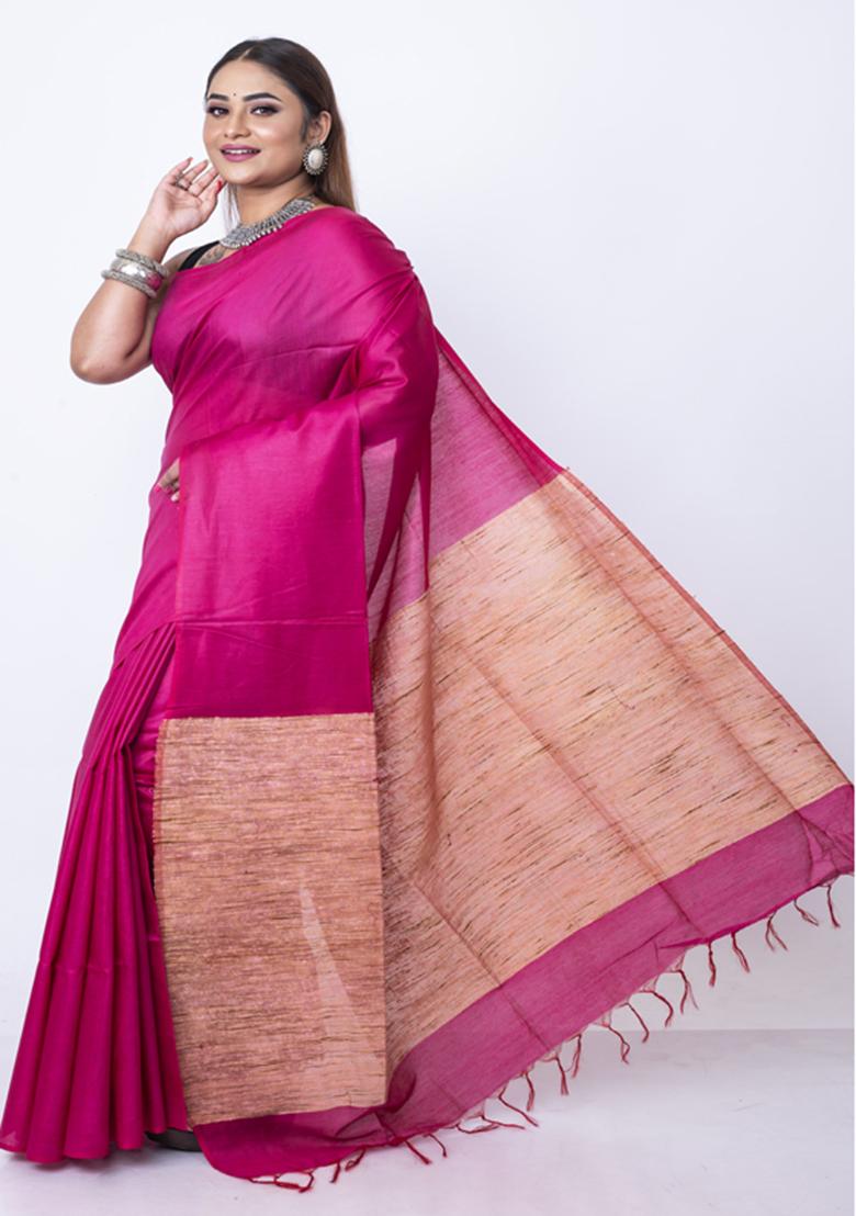 Pink Solid Silk Blend Saree Set