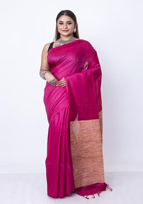 Pink Solid Silk Blend Saree Set