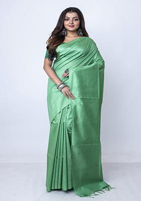 Green Zari Embroidered Silk Blend Saree Set