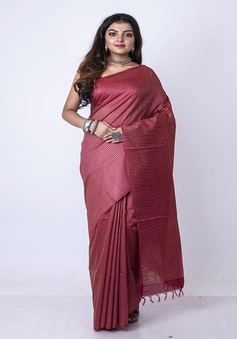 Maroon Zari Embroidered Silk Blend Saree Set