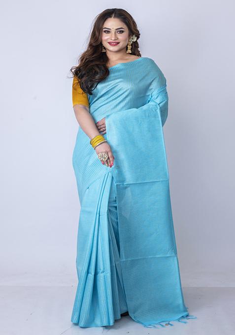 Sky Blue Zari Embroidered Silk Blend Saree Set