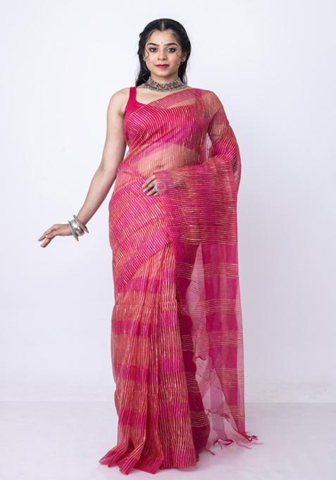 Pink Embroidered Silk Blend Saree Set