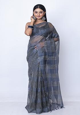 Grey Embroidered Silk Blend Saree Set