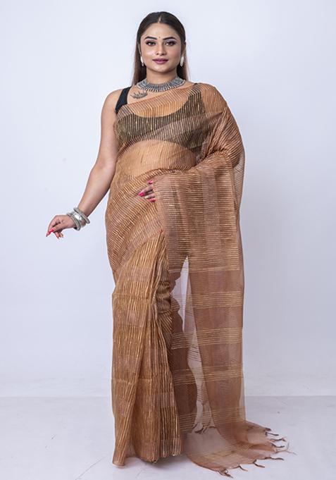 Rust Embroidered Silk Blend Saree Set