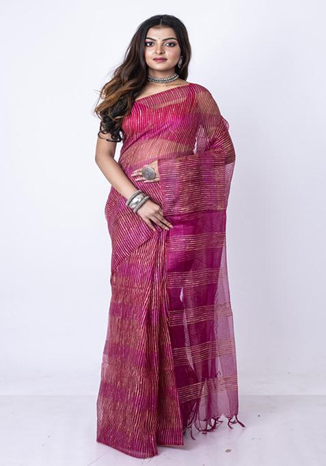 Magenta Embroidered Silk Blend Saree Set