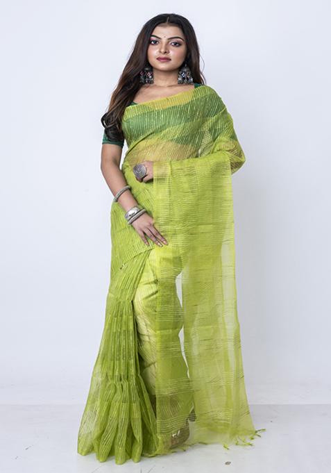 Neon Green Embroidered Silk Blend Saree Set