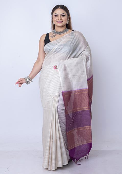 Multicolour Striped Silk Blend Saree Set