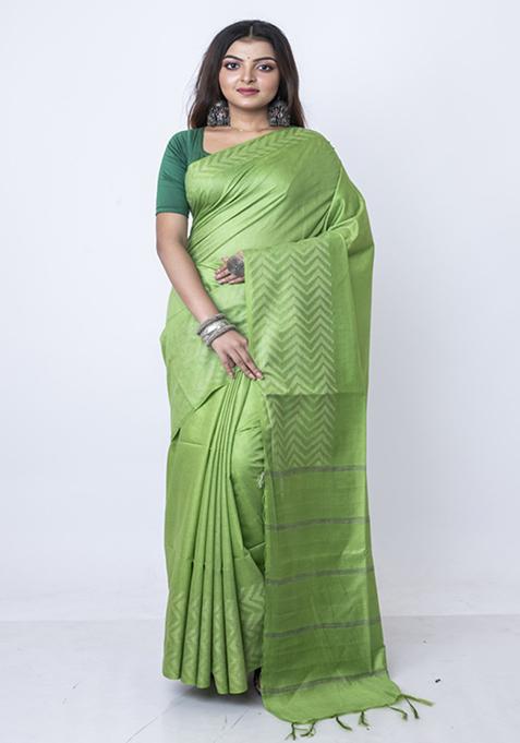 Green Butta Embroidered Silk Blend Saree Set