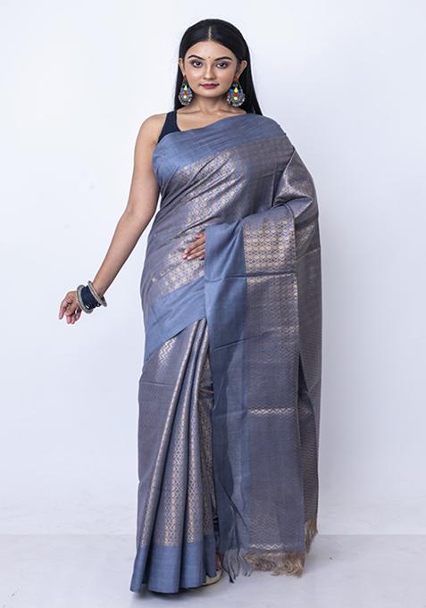 Grey Zari Embroidered Saree Set