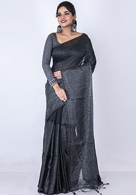 Black Zari Embroidered Silk Blend Saree Set