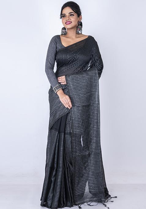 Black Zari Embroidered Silk Blend Saree Set