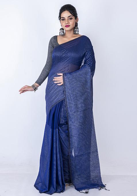 Navy Blue Zari Embroidered Saree Set