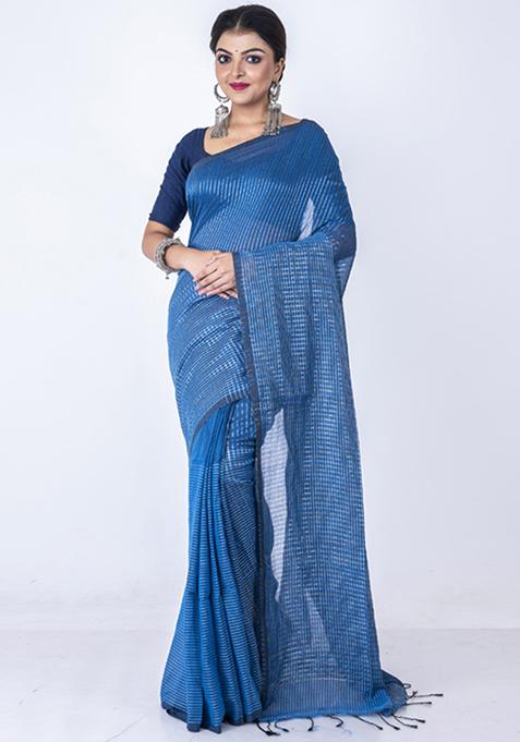 Blue Zari Embroidered Saree Set