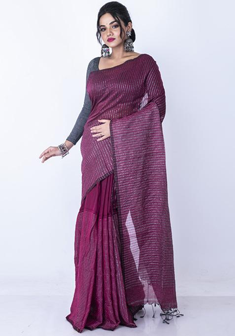 Deep Maroon Zari Embroidered Saree Set