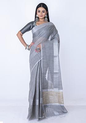 Grey Zari Embellished Silk Blend Saree Set