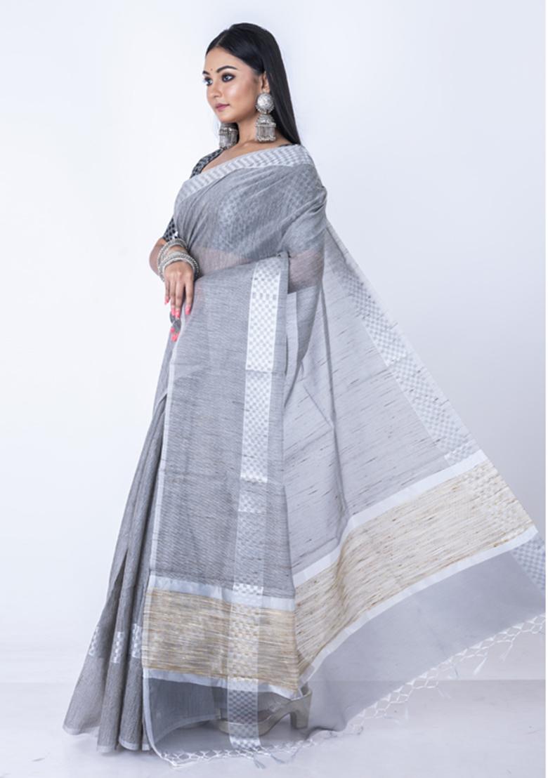 Grey Zari Embellished Silk Blend Saree Set