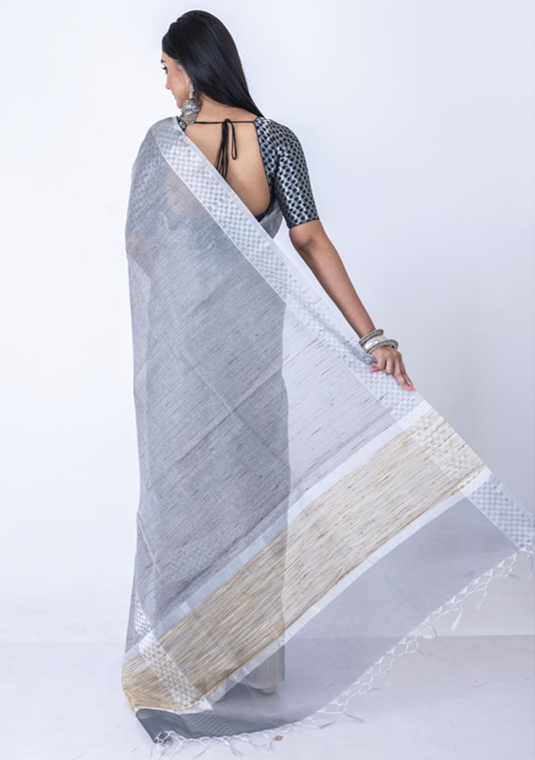 Grey Zari Embellished Silk Blend Saree Set