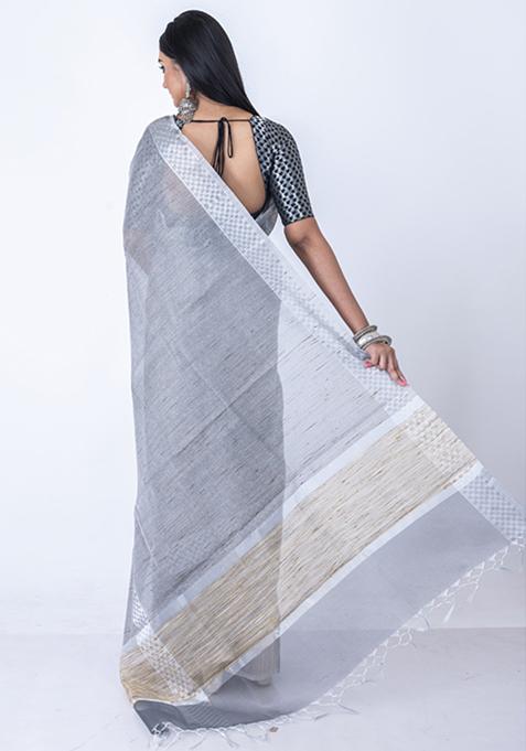 Grey Zari Embellished Silk Blend Saree Set