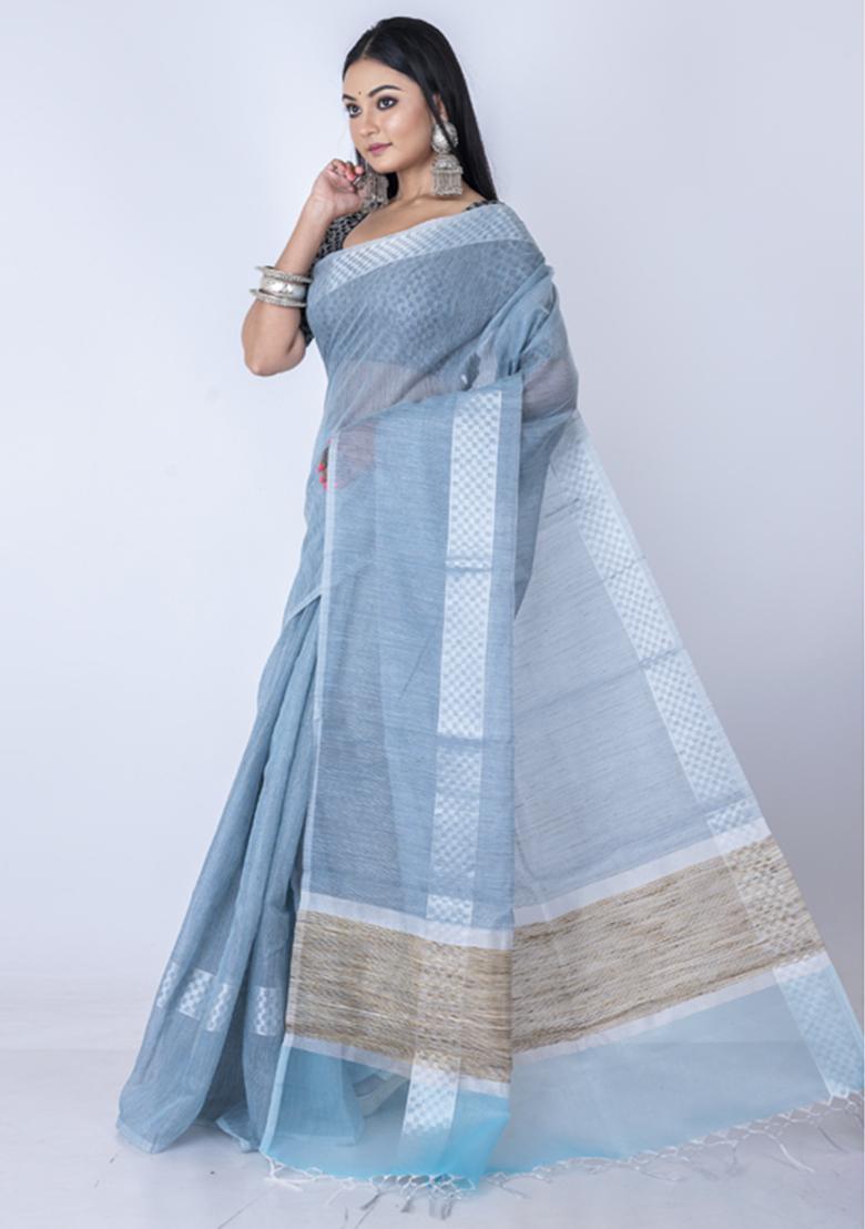 Blue Zari Embellished Silk Blend Saree Set - Indya