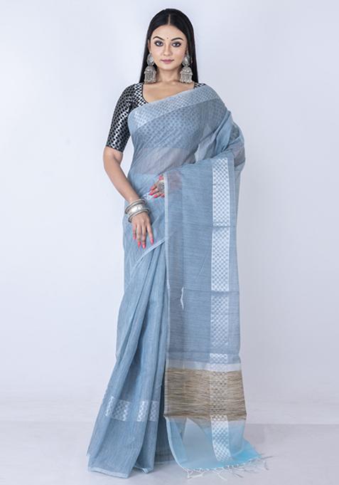 Blue Zari Embellished Silk Blend Saree Set