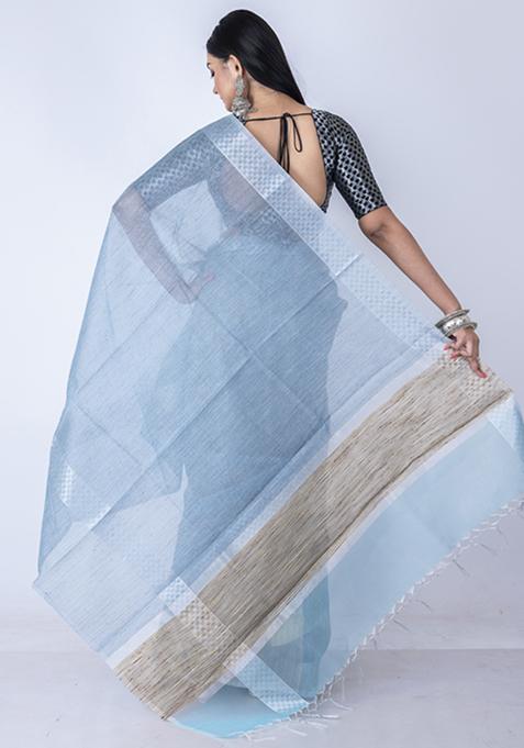 Blue Zari Embellished Silk Blend Saree Set
