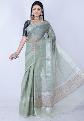 Lime Zari Embellished Silk Blend Saree Set