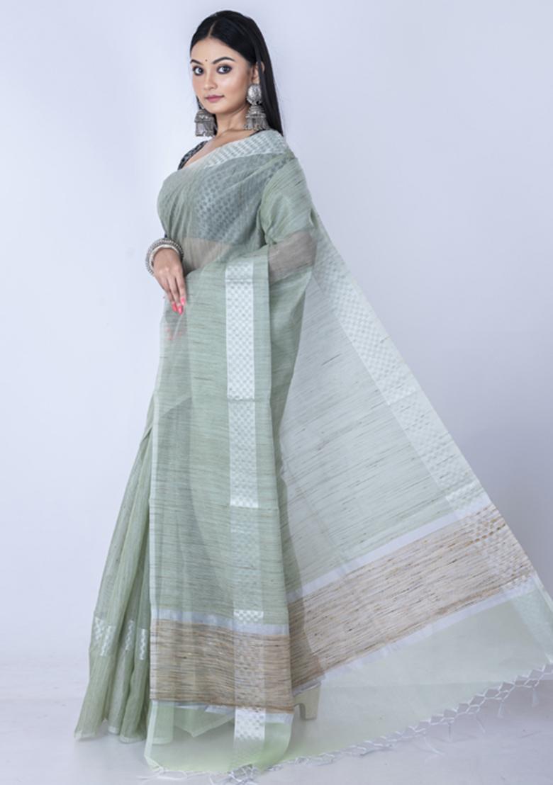 Lime Zari Embellished Silk Blend Saree Set