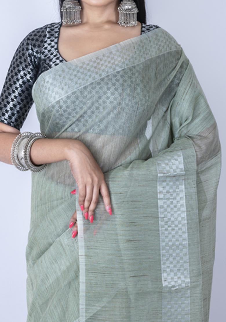 Lime Zari Embellished Silk Blend Saree Set