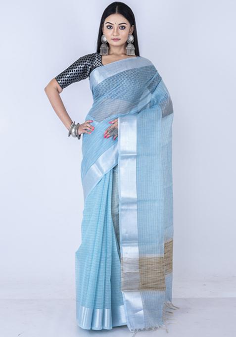 Blue Zari Embellished Saree Set